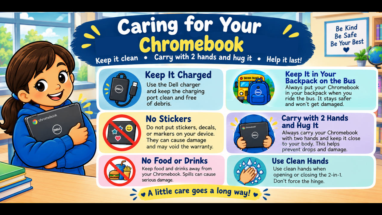 A poster with a cartoon character holding a computer. The title is Caring for Your Dell 2n1 Chromebook. Keep it charged. No Stickers. No Food or Drink. Keep it Clean. Carry with 2 hands and hug it. Keep it in your backpack on the bus. A little care goes a long way!